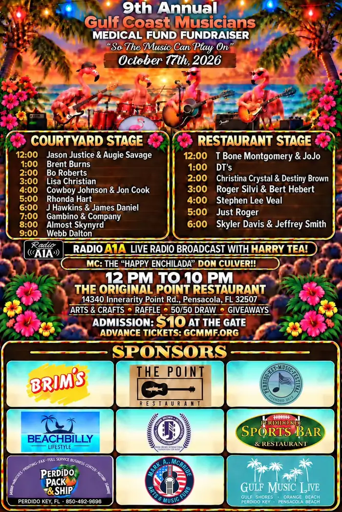 9th Annual Gulf Coast Musicians Medical Fund Fundraiser lineup, Oct 17, 2026 at The Point Restaurant, Perdido, FL