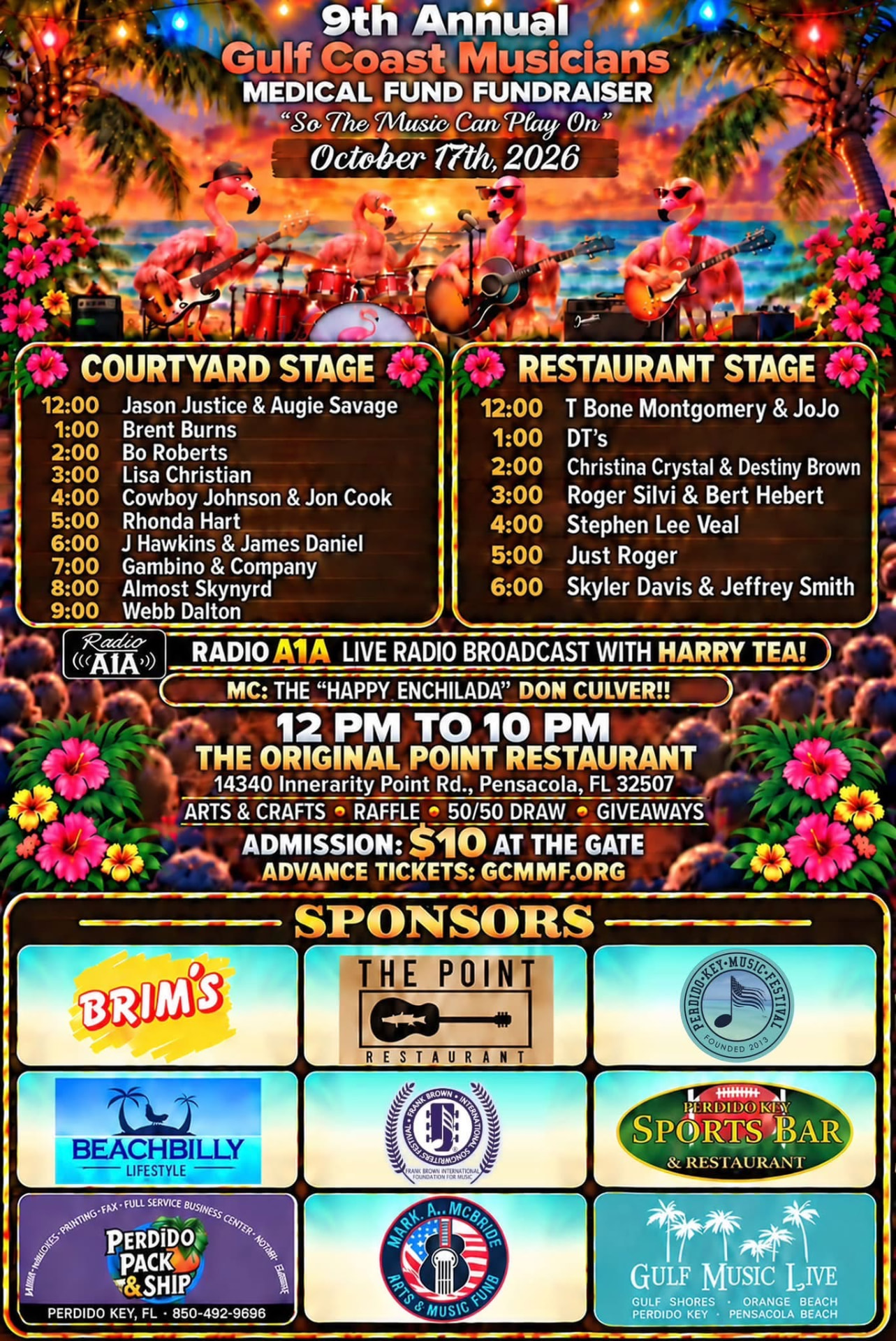 9th Annual Gulf Coast Musicians Medical Fund Fundraiser lineup, Oct 17, 2026 at The Point Restaurant, Perdido, FL